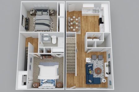 A floor plan of a small apartment with a bedroom, living room, and kitchen.